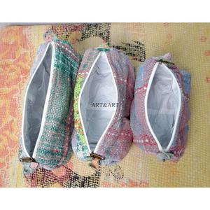 Indian kantha hand block print cotton cosmetic bag Makeup pouch set of three Accessory case Women's travel bag Handmade Kantha - Product Image 4