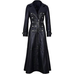 Abrigo Largo de Mujer, Estilo Gabardina, en Cuero Sintético Negro, Vintage, con Doble Botonadura y Cuello de Solapa - Product Image 1