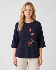 Chemisier brodé bleu marine pour femme, coupe ample, manches 3/4, col rond, motif floral, style décontracté, haut musulman, vente en gros - Product Image 4
