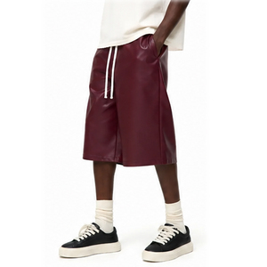 Men's Burgundy <b>Leather</b> Bermuda <b>Shorts</b> Drawstring Closure Solid Color Casual Woven Coated Breathable With Pockets <b>Leather</b> <b>Short</b> - Product Image 4