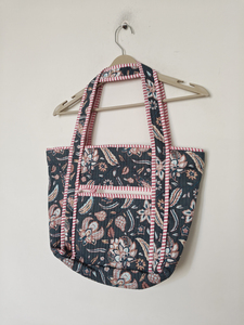 Floral Orange Quilted Cotton Medium Shoulder Tote <b>Bag</b> Zipper Closure Double Handles <b>Reusable</b> Everyday Ladies Shopping Beach - Product Image 1
