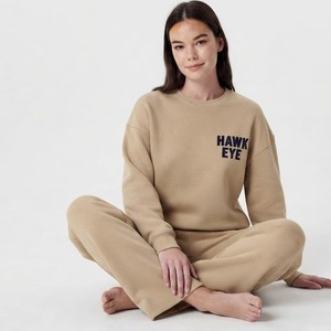 Trendy Beige Color Women Sweatsuit 100%/ Cotton <b>Fleece</b> Loose Fit Drop Shoulders Crew Neck Custom private Label - Product Image 4