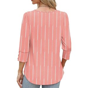 Linear Pink <b>White</b> Vertical Stripe <b>Shirts</b> Three Quarter <b>Sleeve</b> Button Cuff Slit Collar Work Tunics <b>Women's</b> Chiffon <b>Shirts</b> - Product Image 2