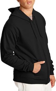 Sweat-shirt à capuche pour homme, couleur unie noire, coton, tissu molletonné français, fermeture éclair sur le devant, coupe décontractée, vêtement d'automne - Product Image 5