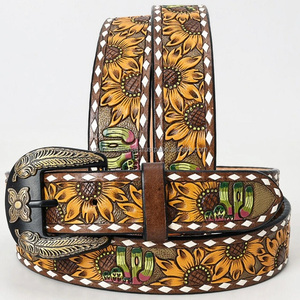 Personalized Sunflower design embossed hand carving Men's fashion western <b>leather</b> <b>tooling</b> <b>belt</b> with floral buckle - Product Image 4