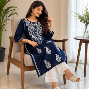 Dark Navy Blue Hand Embroidered Lucknowi <b>Chikankari</b> Straight <b>Kurti</b> Elegant Cotton Ethnic Tunic Top for Women - Product Image 3