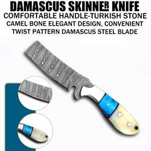 Custom Handmade Damascus Steel <b>Knife</b> | Fixed Blade Hunting & Camping <b>Knife</b> with Turquoise & <b>Bone</b> <b>Handle</b> Embossed Leather Sheath - Product Image 5