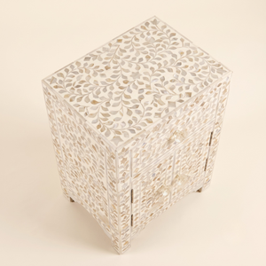 Modern Mother Pearl Floral Design <b>White</b> <b>Bedside</b> <b>Table</b> Cabinet Living Room Furniture India Quality Handicrafts - Product Image 3