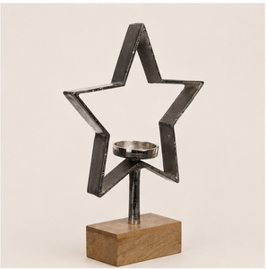 Rustic Metal Star Candle Holder Solid Mango Wood Base Industrial Style Decorative Iron Tealight <b>Stand</b> For Farmhouse Home Decor - Product Image 1