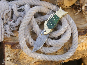 Cuchillo de Bolsillo EDC Multifuncional de Acero de Damasco con Mango de Madera y Latón, Personalizable al por Mayor OEM/ODM, para Camping y Caza - Product Image 5