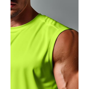 Camiseta sin mangas para hombre, verde neón, cuello redondo, transpirable, de secado rápido, informal, para gimnasio, entrenamiento, color sólido, tejido de poliéster, estilo muscular - Product Image 4