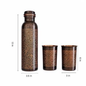 Botella de Agua de Cobre Pulido con Bandas en Relieve y Tapa de Rosca, Diseño Oriental Clásico, Reutilizable para el Hogar y Viajes - Product Image 4