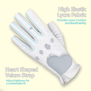 Gants de golf blancs pour femmes, demi-doigts, avec motif cœur rose, en cuir microfibre, à enfiler, pour le sport - Product Image 4