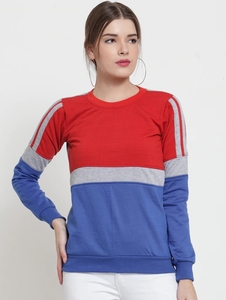 เสื้อสเวตเชิ้ตคอกลมผู้หญิง แขนยาว ผ้าถัก สีตัดต่อ สไตล์ลำลอง สีแดง น้ำเงิน เทา ผ้าฝ้าย 100% เหมาะสำหรับใส่ในฤดูใบไม้ร่วง - Product Image 4