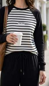 <b>Women's</b> Black <b>White</b> Striped Raglan Sweatshirt & Elastic Waist Wide Leg Pants 2 in 1 Lightweight Sports Casual <b>Tracksuit</b> Set - Product Image 3