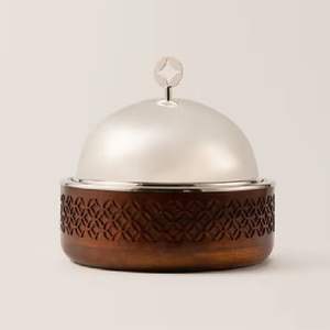 Casserole isotherme de luxe en acier inoxydable et bois avec couvercle en dôme, bol de service décoratif pour plats chauds - Product Image 1