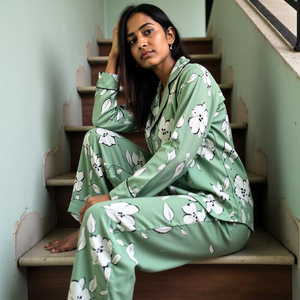 Conjunto de pijama de viscosa sedosa para mujer, Conjunto de pijama de color verde pizarra con detalle de ribete y bolsillos funcionales - Product Image 1