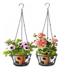 Pot de fleurs suspendu en métal rustique avec chaîne et motif de feuilles pour utilisation en jardin - Product Image 4