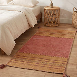 Alfombra de Diseño Kilim Geométrica de Algodón Tejido Plano 4x6 con Borlas, Rectangular, para Pasillo, Antideslizante, en Tonos Naturales - Product Image 3