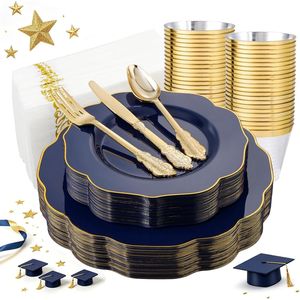 Set di 175 Pezzi per Feste: Piatti di Plastica Blu con Bordo Dorato, 75 Posate Dorate, 25 Bicchieri e 50 Articoli Usa e Getta Blu - Product Image 1