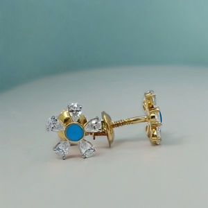 Elegant 22K <b>Gold</b> Flower Stud <b>Earrings</b> with Blue Stone Center and Diamond Petals Stylish Designer Jewellery for Women Daily Wear - Product Image 3