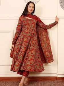 <b>Women</b> Floral Print Anarkali <b>Kurta</b> Set Dupatta Traditional Indian Pakistani Wedding Wear Knee-Length Regular Fit Rayon Quick Dry - Product Image 4
