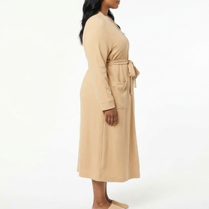 Robe de chambre longue en coton gaufré et fibre de bambou pour femme, col en V, manches longues, douce, respirante, décontractée, couleur unie, avec cordon de serrage - Product Image 3