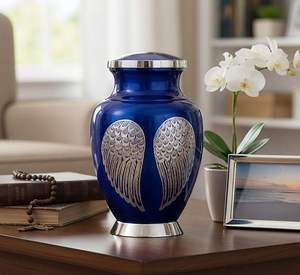 Blue Metal Urn with Angel Wings Design Round Keepsake Cremation Ashes Vessel for Sympathy <b>Memorial</b> Home Decor - Product Image 4