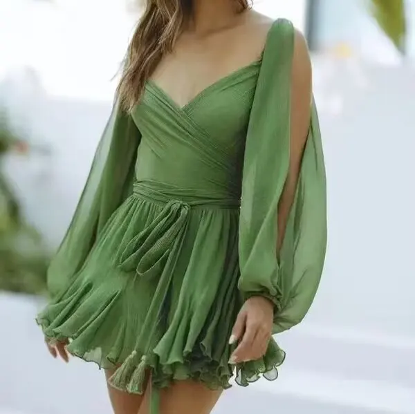 Individuelles atmungsaktiv grün Damen elegantes Sommer Freizeitkleid Puffärmel modisch V-Ausschnitt Blaseärmel sexy Minikleid für Damen