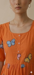 Orange Eco-Friendly Button A-Line <b>Maxi</b> <b>Dress</b> Short Sleeve O-Neck Casual Summer Woven Cotton Loose Fit Breathable Layered Hem - Product Image 4