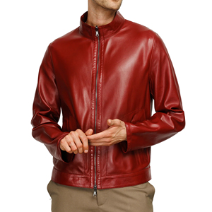 Chaqueta de Motociclista Delgada de Cuero Genuino Rojo para Hombre, Cuello Alto, Cierre de Cremallera, Manga Regular, Color Sólido, para Otoño - Product Image 1