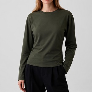 เสื้อยืดคอกลมแขนยาวสีเขียวมะกอกสำหรับผู้หญิง ผ้าฝ้ายถัก 100% ระบายอากาศได้ดี สไตล์มินิมอล ทรงปกติ ใส่ได้ทุกฤดู รับผลิตแบบ OEM - Product Image 3