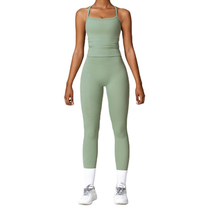 Mint Green 2 Piece Yoga Set High Waist Leggings Square <b>Neck</b> <b>Halter</b> Crop <b>Top</b> Seamless Full Length Spandex Polyester Workout Wear - Product Image 4