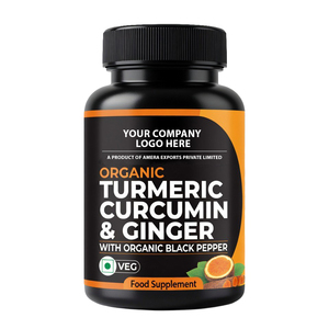 Cápsulas de Cúrcuma con Pimienta Negra y Jengibre, Marca Privada OEM, Certificación GMP, Veganas, Bajas en Azúcar, 60/120 Unidades - Product Image 1