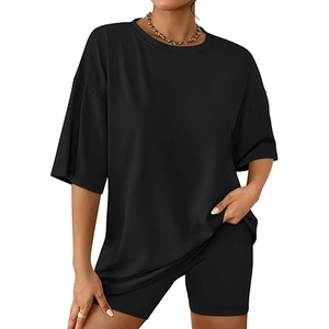 Conjunto de Camiseta Lisa y Pantalones Cortos de Ciclismo para Mujer, Ajuste Holgado, Estilo Casual de Verano, Venta al por Mayor - Product Image 1