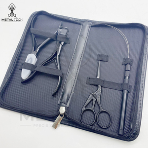 Kit d'outils professionnel pour extensions capillaires avec double étui, comprenant des pinces à micro-anneaux plaquées or et noir, des ciseaux à bec de cygne et des aiguilles à boucle, pour la vente en gros - Product Image 2