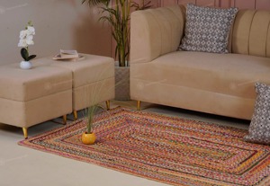 Tapis rectangulaire artisanal en jute patchwork, style bohème, à poils plats, écologique, pour salon, fabriqué en Inde - Product Image 2
