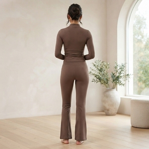 Conjunto de yoga para mujer, color gris carbón, top corto acanalado, sujetador deportivo, leggings de cintura alta, para gimnasio, fitness, entrenamiento, pilates, ejercicio - Product Image 4