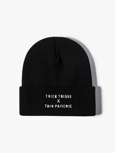 Thick Thighs X Thin Patience Embroidered Beanie Hat Olive Green Unisex Casual <b>Winter</b> <b>Cap</b> Hand Embroidery Letter Pattern Beanie - Product Image 2