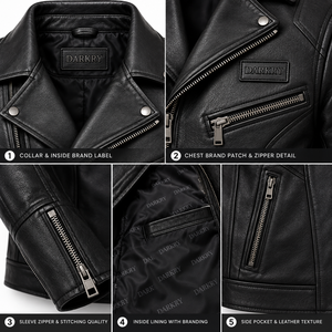 Unisex Real Black Leather Motorcycle Biker <b>Jacket</b> Classic Asymmetric Zip Moto <b>Racer</b> Quilted Shoulder Heavy Duty Rider Coat - Product Image 6