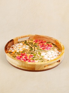ถาดไม้ทรงกลมเคลือบเงา งานแฮนด์เมด ถาดเสิร์ฟตกแต่งบ้าน ผู้ส่งออก - Product Image 2