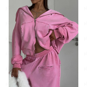 Women's Pink Hooded Sweatshirt & Wide Leg Pants Set 100% Cotton Loose Fit Casual All Seasons Knitted Two Piece Outfit Sets - Product Image 5