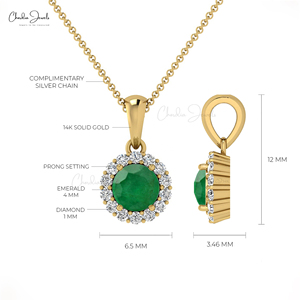 Natural 4mm Round Brilliant Cut Zambian Emerald & Diamond Halo <b>Pendant</b> with 14k <b>Solid</b> <b>Gold</b> Dangle <b>Pendant</b> Wholesale Supplier - Product Image 4