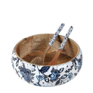Ensemble de saladiers en bois avec cuillère et fourchette assorties, bol de service en émail bleu floral pour la cuisine et la décoration de table de restaurant - Product Image 1
