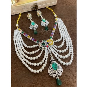 Shiva Multi Strand Pearl Necklace Set With <b>Emerald</b> Pendant And Matching Earrings Women's Vintage Jewelry Wedding Style - Product Image 1