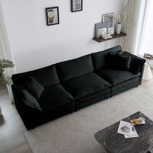 Divano a 3 Posti in Ciniglia Nera Stile Mid-Century Moderno per Soggiorno con 2 Braccioli e 3 Cuscini Decorativi - Product Image 2