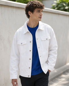 High Quality Custom <b>Mens</b> <b>White</b> Denim Jean <b>Jacket</b> Garment Dyed Single Breasted Retro Casual Autumn Winter 100% Cotton Windproof - Product Image 4