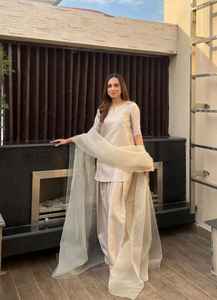 Tenues formelles indiennes et pakistanaises Farshi Shalwar Kameez en tissu de soie, robes unies avec fermetures éclair en dentelle, robes décontractées pour femmes - Product Image 2