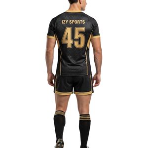 Tenues de rugby en microfibre durable avec bordures contrastées noir et or, ensemble professionnel pour équipe de rugby - Product Image 2
