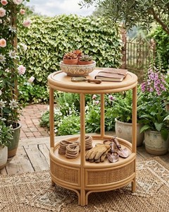 Natural Rattan Round Coffee <b>Table</b> with Lower <b>Storage</b> Shelf, Handwoven Wicker <b>Side</b> <b>Table</b> for Living Room, Patio, Bedroom and Home - Product Image 4